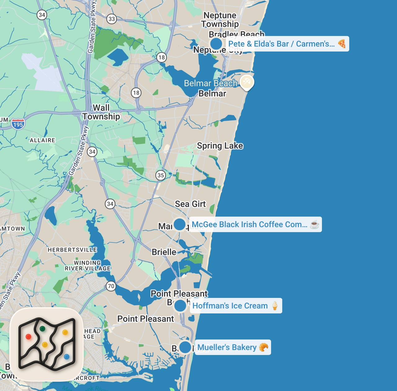 Map preview for TRYING VIRAL FOOD IN NEW JERSEY: Jersey Shore Food Crawl- Best Pizza, Iced Coffee Buckets & More!