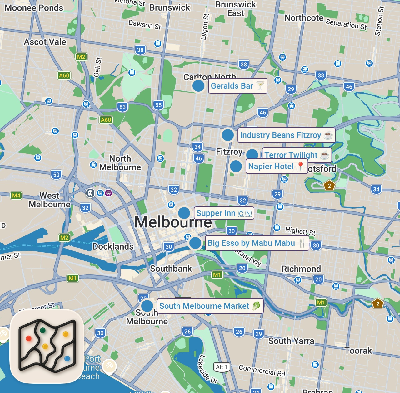 Map of 7 spots from First time in AUSTRALIA!! 🇦🇺 Kangaroo + Huge BOGAN BURGER!! | What is Australian Food??