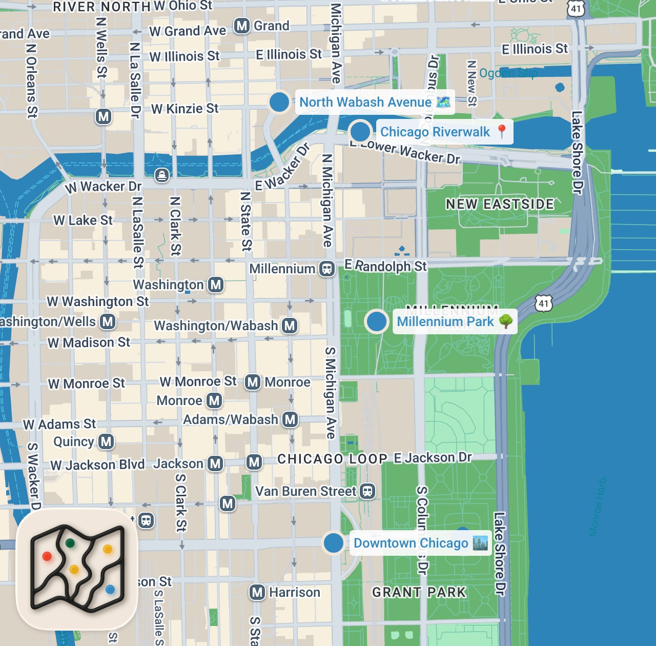 Map preview for 4k Chicago Walking Tour - Downtown, Riverwalk, Wabash