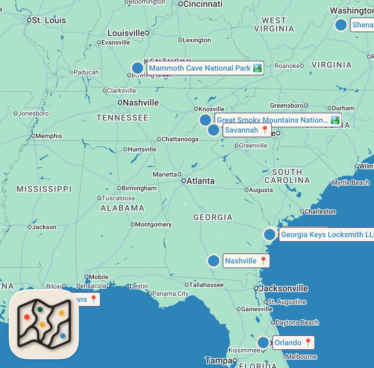 Map of 9 spots from 10 Must See Place In the Southeast | Travel Guide