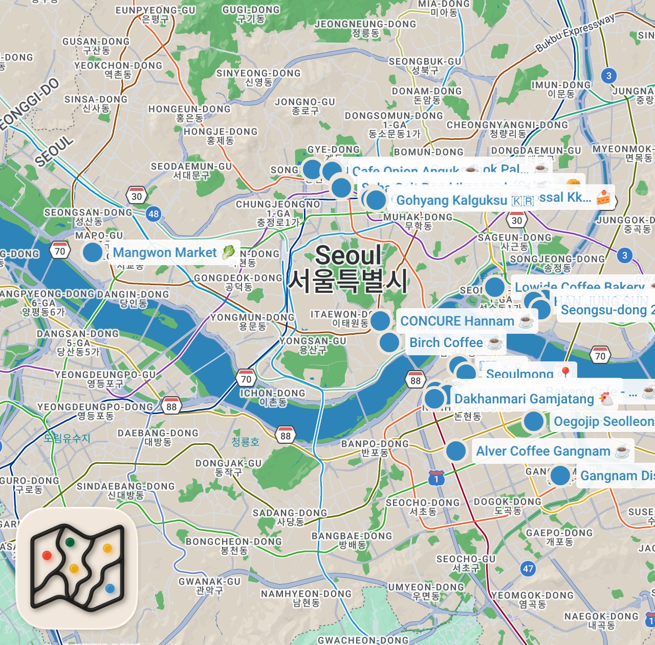 Map preview for 7 days in korea 🍰 *must try places* || best kbbq, cafe hopping, local recommendation, family time