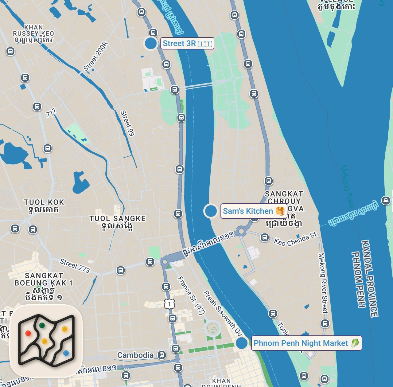 Map of 3 spots from $50 Challenge In The Most Touristic Market In Siem Reap, Cambodia 🇰🇭