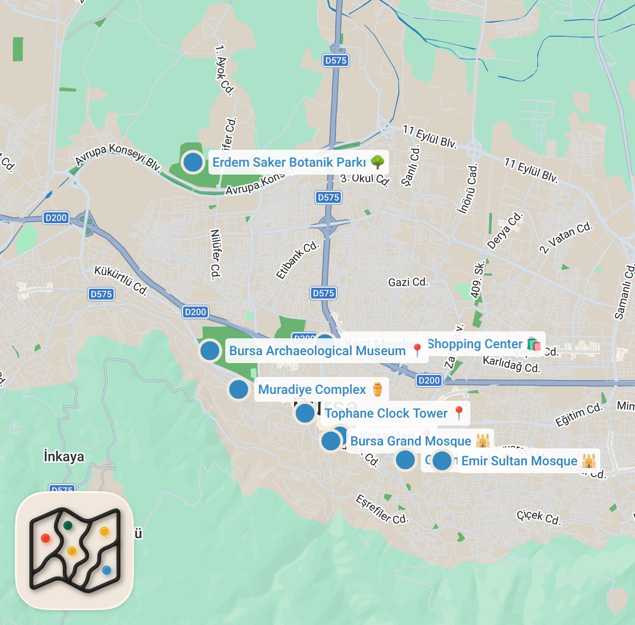 Map preview for Top 10 Attractions in Osmangazi, Bursa, Turkey 🇹🇷✨