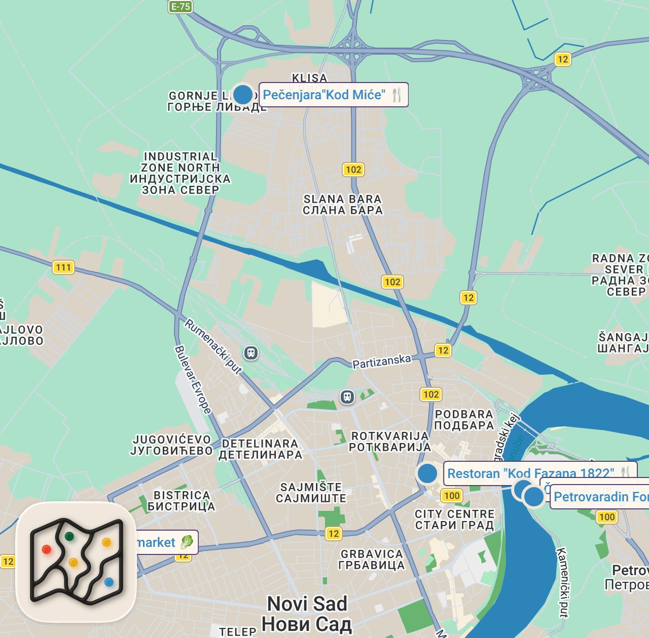 Map preview for 48 hour SERBIAN STREET FOOD in Novi Sad 🇷🇸 INSANE Burek + WHOLE ROAST LAMB + 200 year old Restaurant