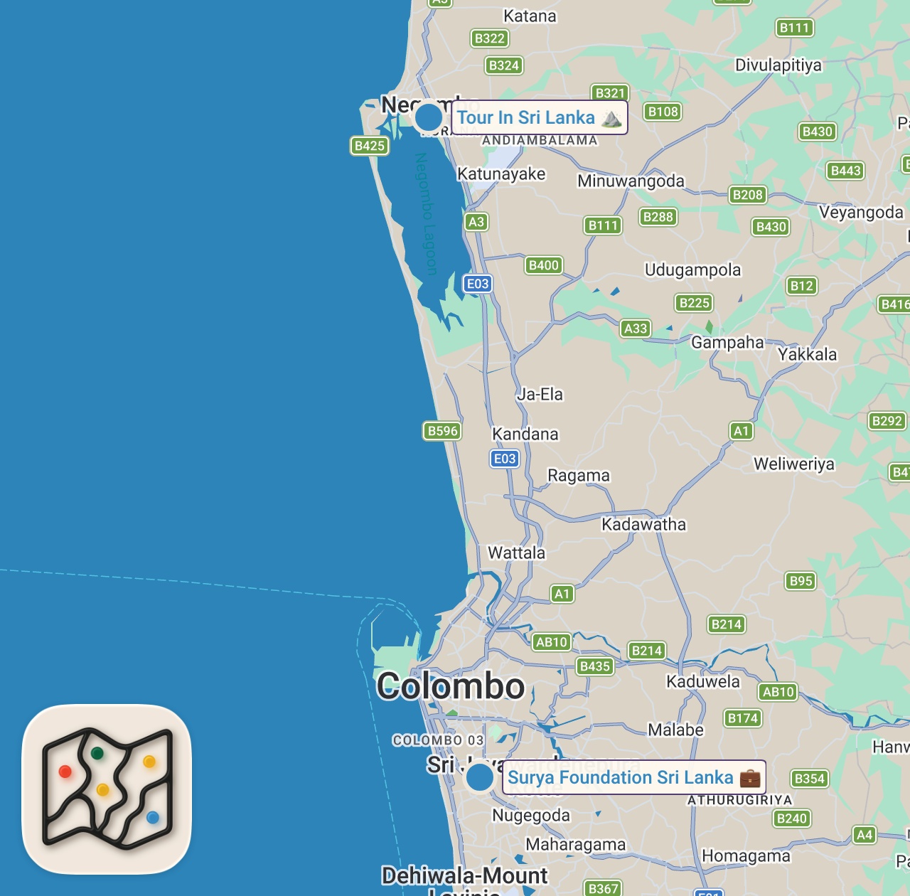 Map of 2 spots from $1,000 Donation To Mother With Special Needs Kid In Sri Lanka 🇱🇰