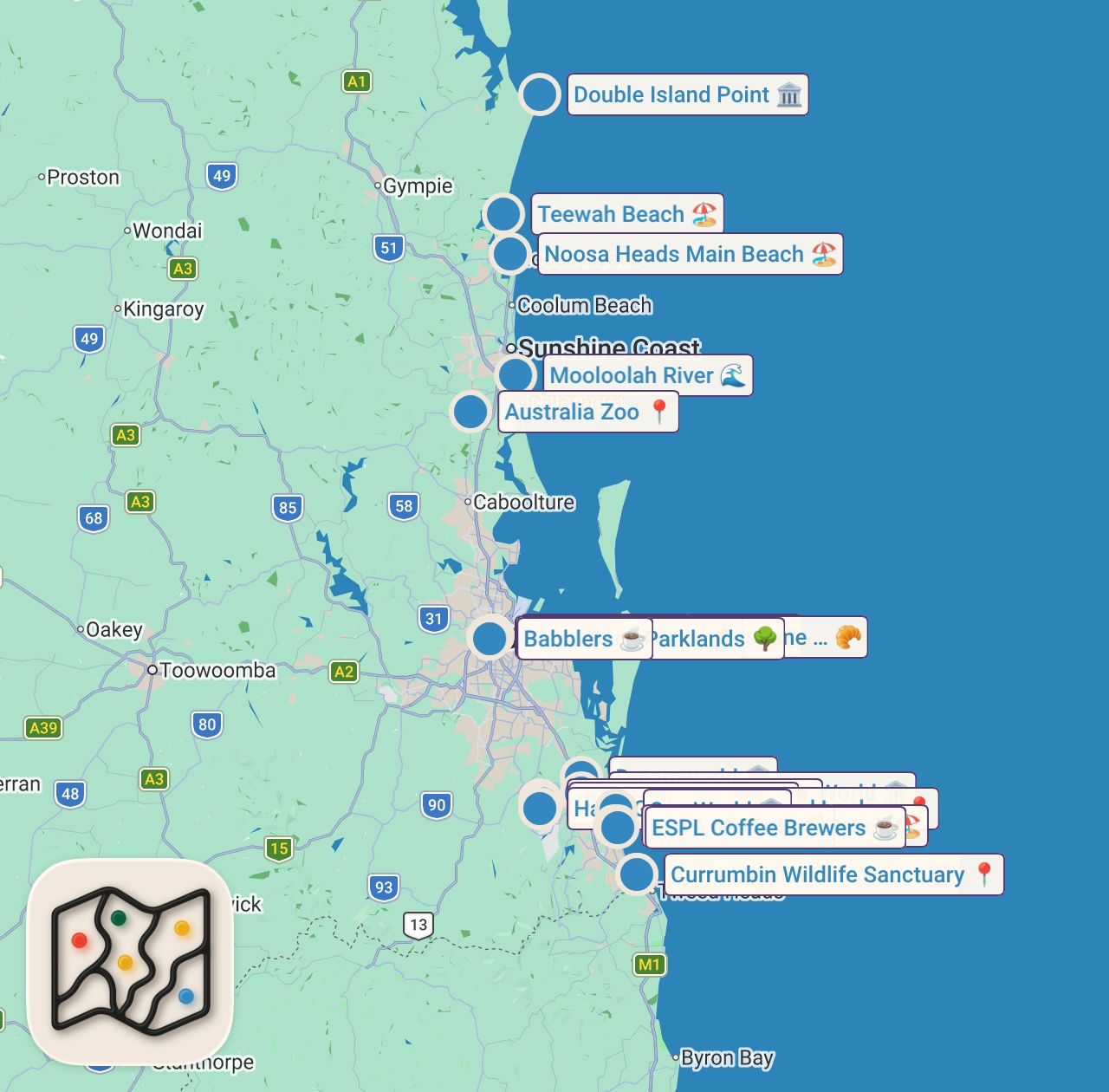 Map of 32 spots from Queensland Travel Guide 2026: BEST Things to Do + Itinerary • Brisbane • Gold Coast • Sunshine Coast
