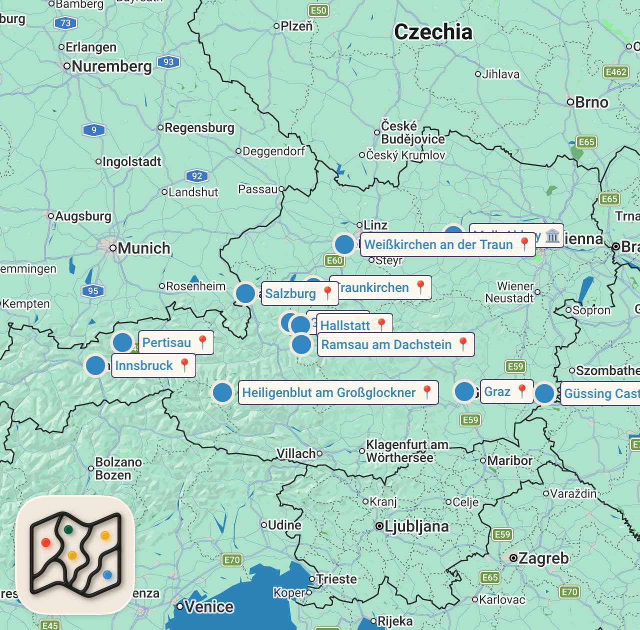 Map of 12 spots from Die 13 UNGLAUBLICHSTEN Orte Österreichs 🇦🇹