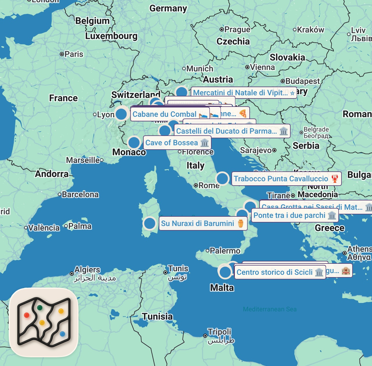 Map of 36 spots from 25 Cose da Fare in Italia Almeno Una Volta nella Vita
