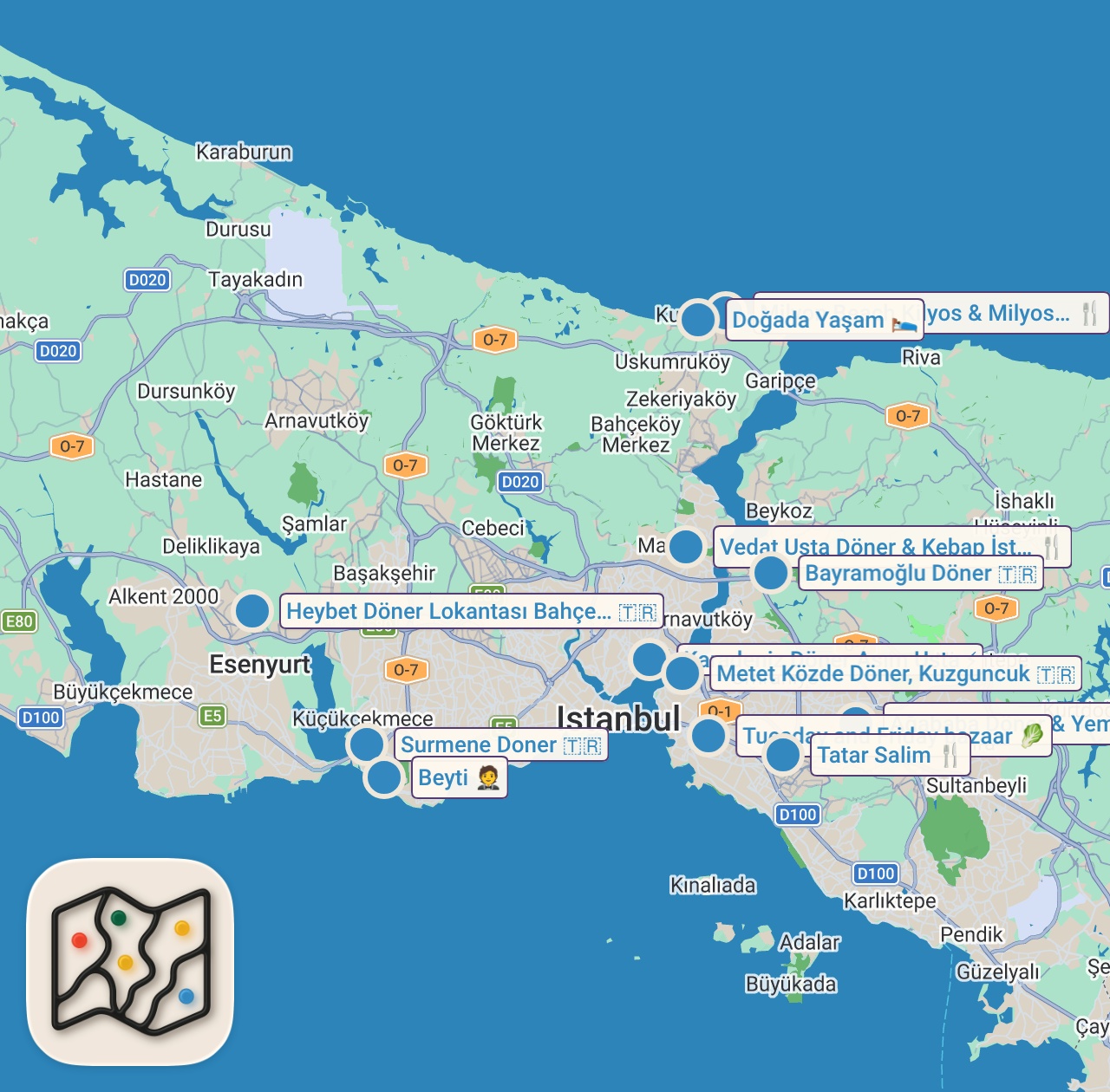 Map of 13 spots from     10 Dönerci, 1 Gün, Tek Amaç: En İyi Döneri Bulmak!