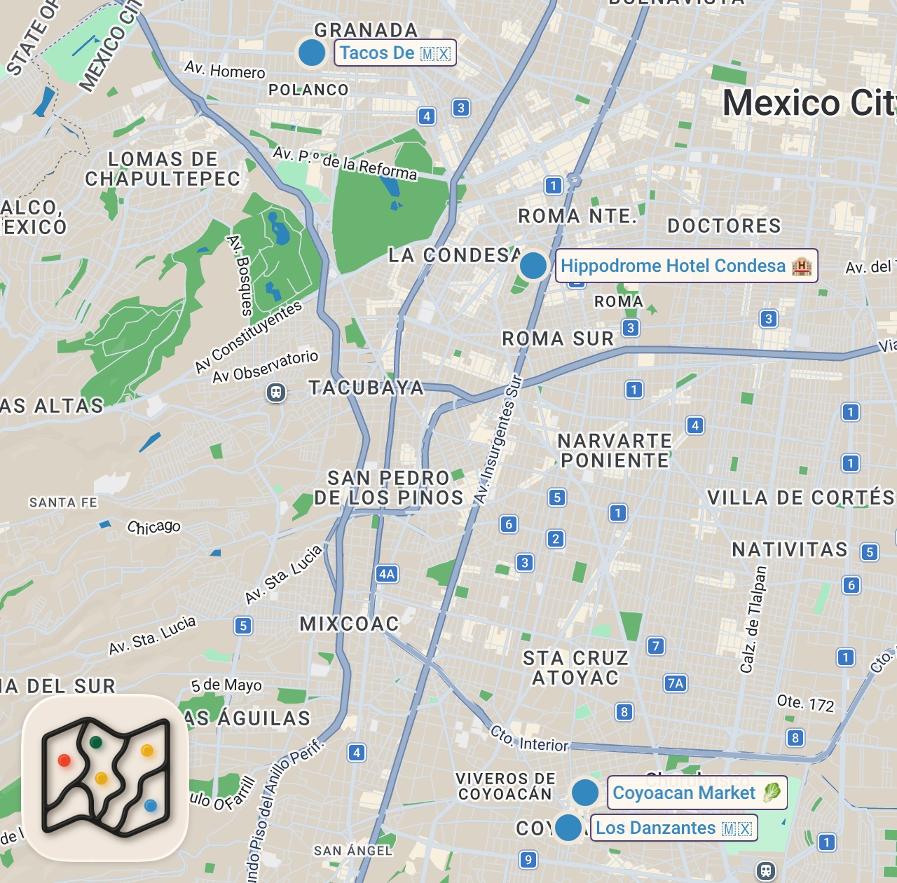 Map preview for DEVOUR POWER Mexico City: Epic FOOD TOUR in Coyoacán with a local foodie!