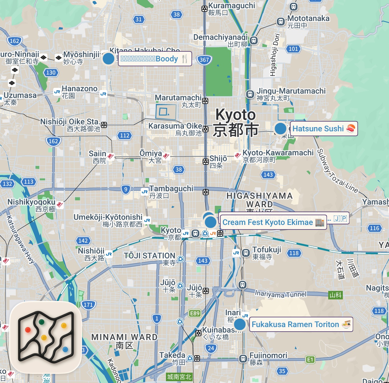 Map preview for 24H in Kyoto 🇯🇵 REAL SUSHI & Budget Japanese Food