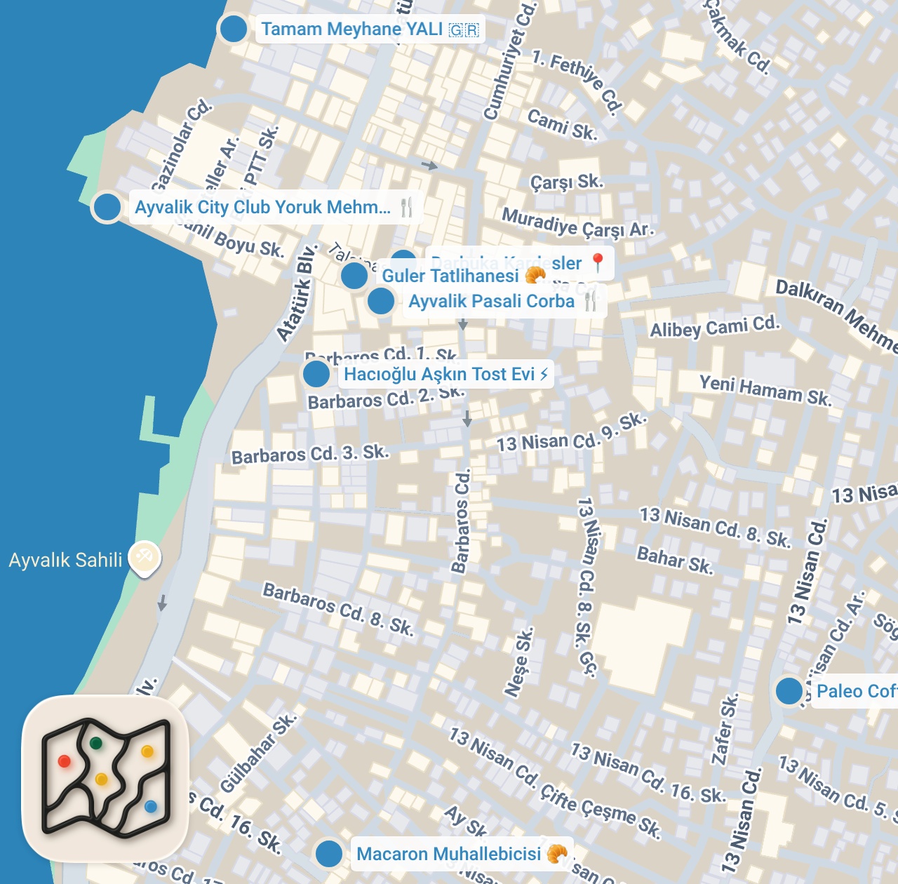 Map preview for AYVALIK VE CUNDA LEZZETLERİ (Kül suyunda pişen tatlı yedik) - Ayaküstü Lezzetler