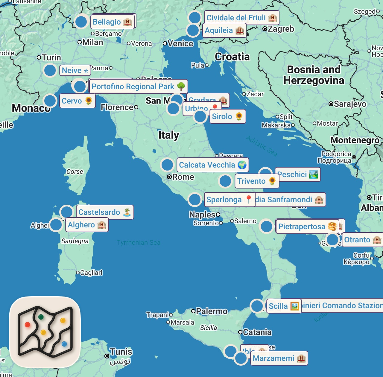 Map of 31 spots from 50 Borghi più Belli d'Italia: dai meno conosciuti alle perle più popolari | 4K