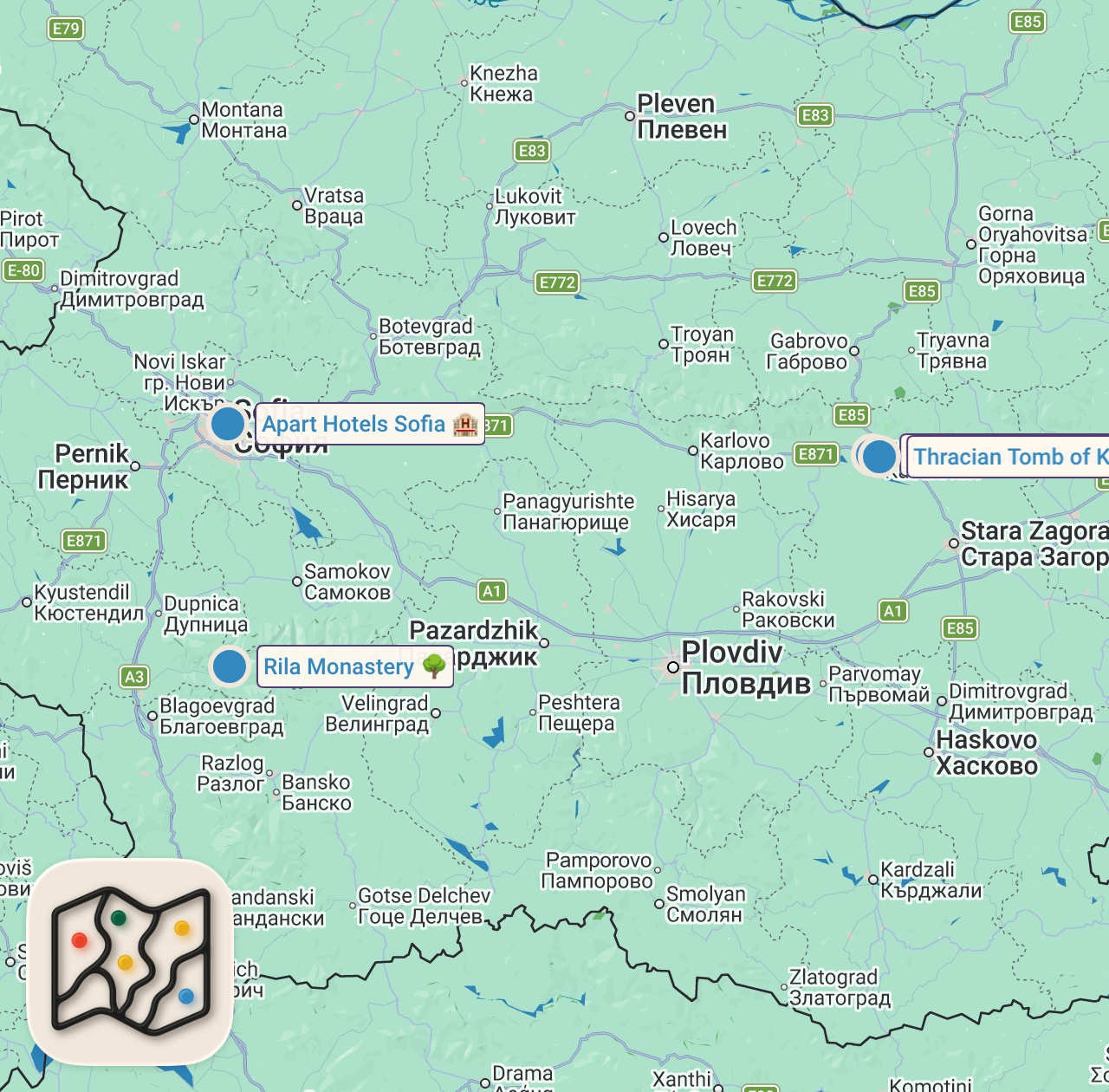 Map of 4 spots from I Didn't Expect Bulgaria To Be Like This! The First Impressions Of Sofia 🇧🇬