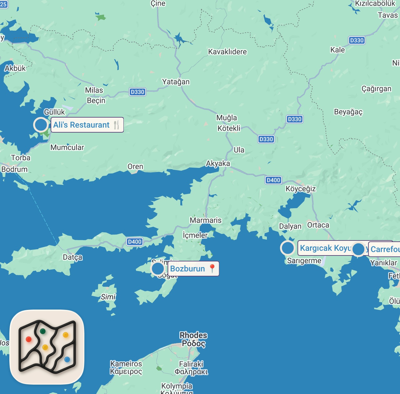 Map of 4 spots from A ROUTE STORY: Bekar Cove & Seven Islands, Gulf of Gökova | Season Finale