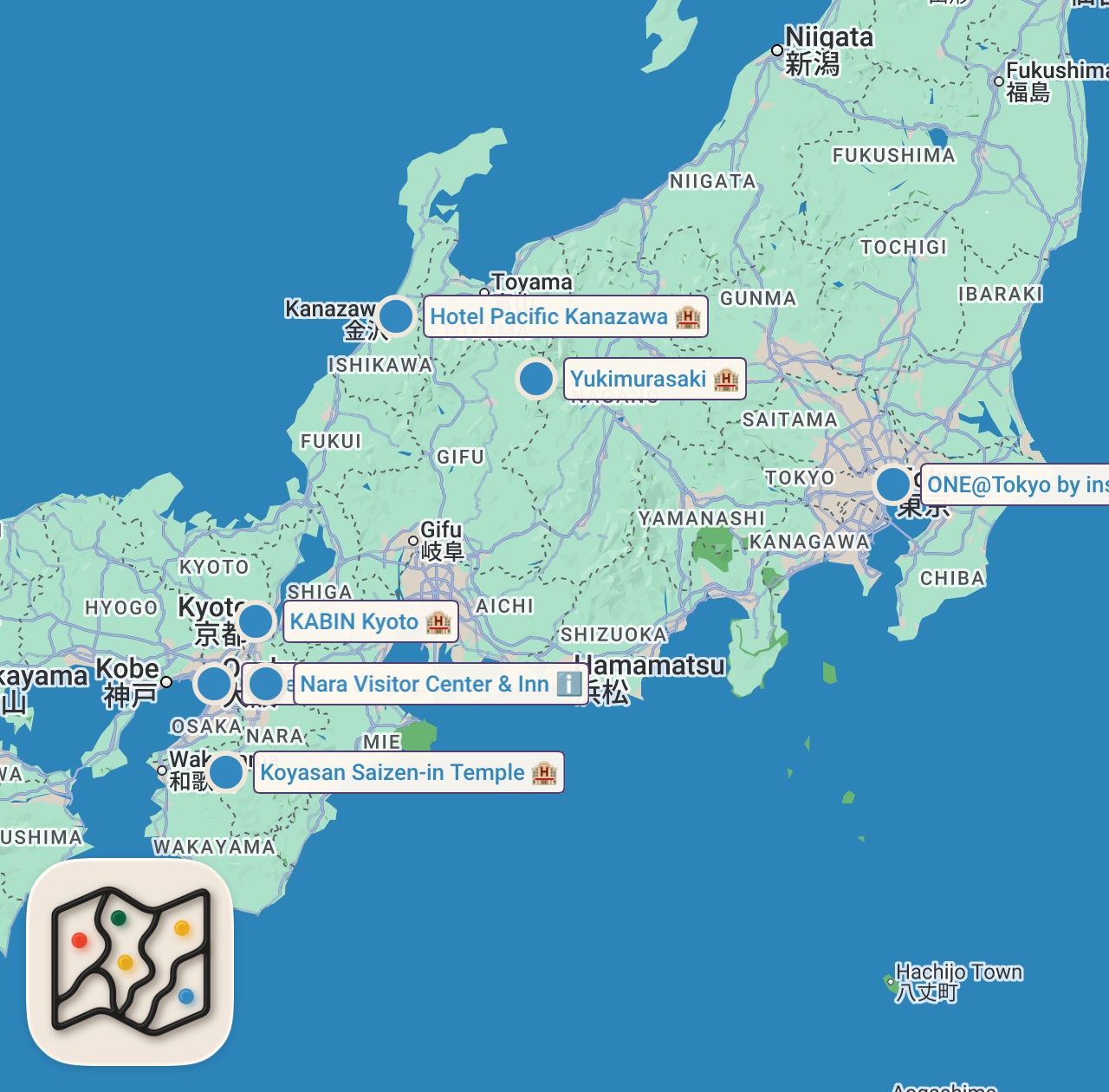 Map of 7 spots from How to Spend 14 Days in Japan  - A Japan Travel Itinerary