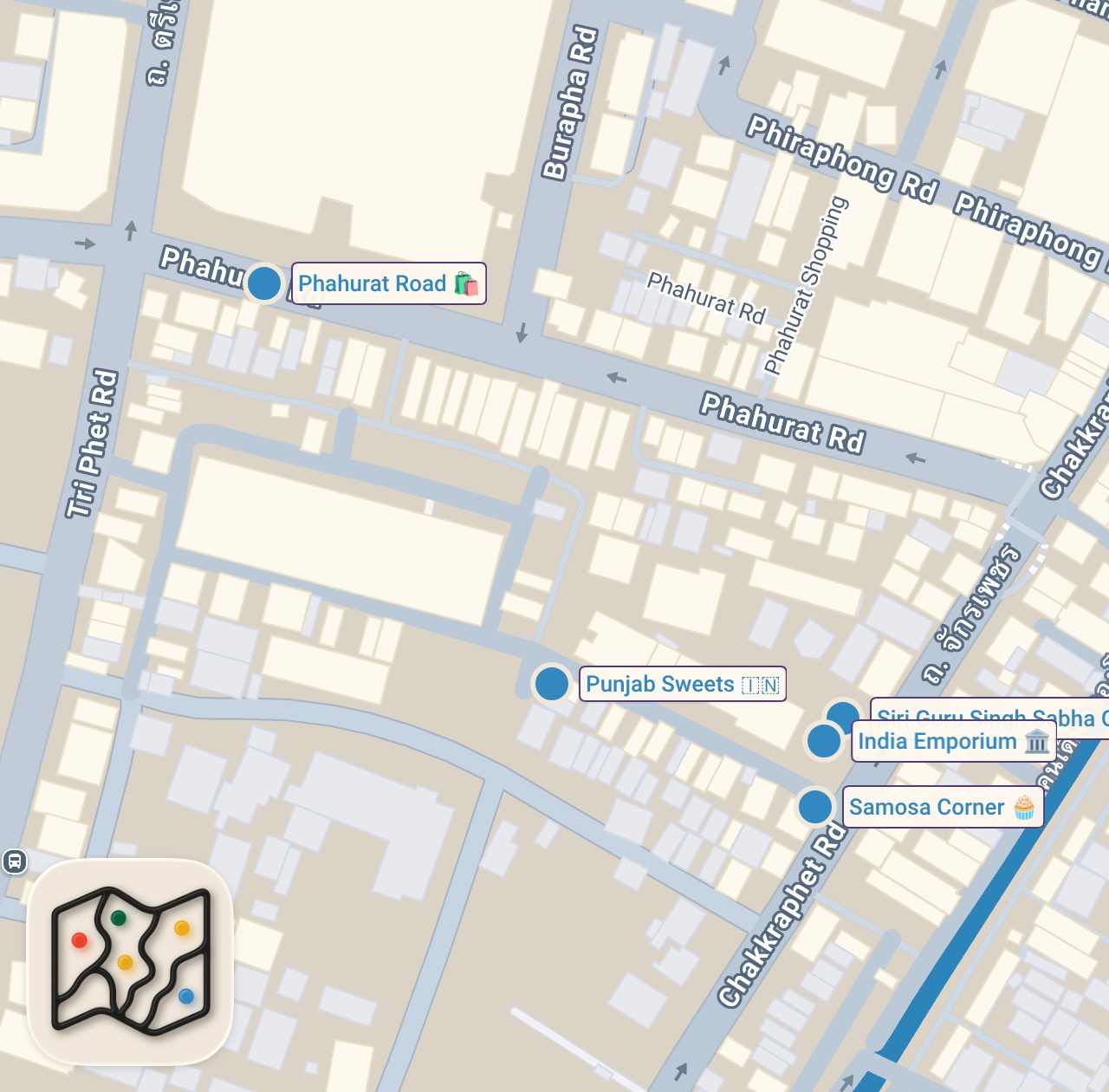 Map of 6 spots from Indian Street Food - KING of CHICKEN TIKKA!! | Best North Indian Restaurants in Bangkok!!