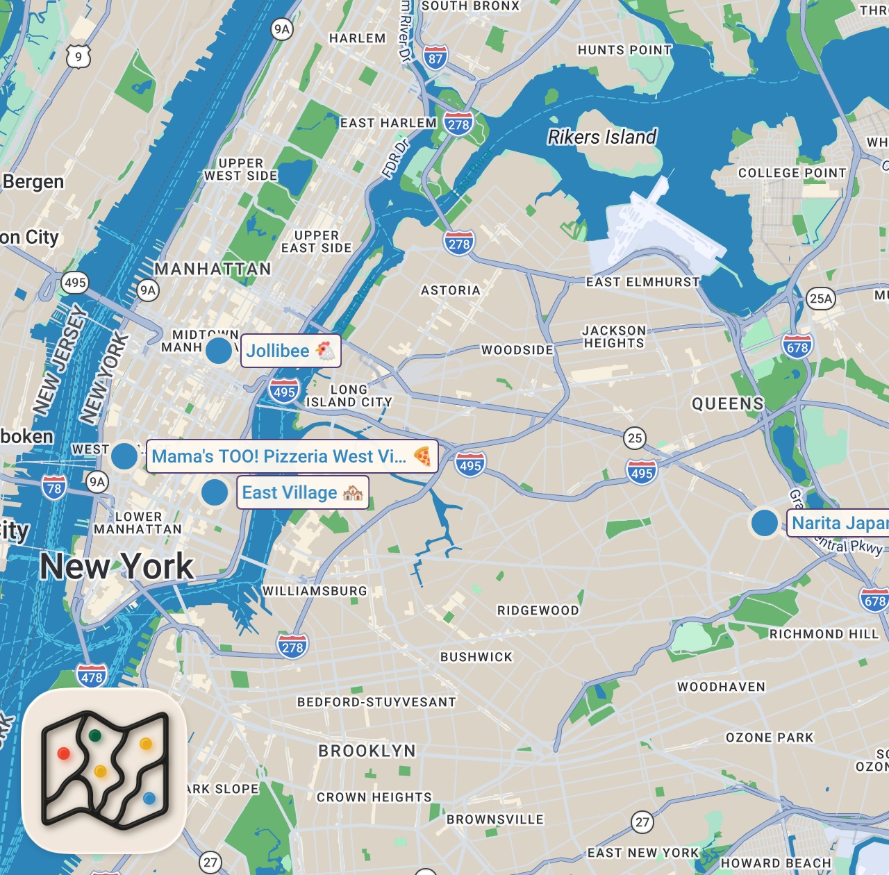 Map of 4 spots from Jason Momoa, Morena Baccarin, and Jacob Batalon Try NYC's Best Hawaiian Food — Let's Do Lunch
