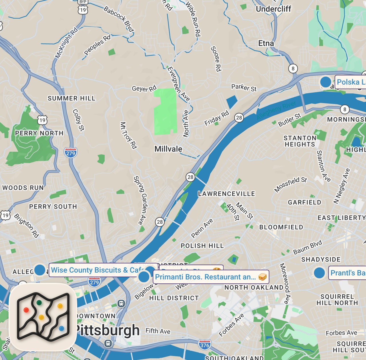 Map of 6 spots from Everything to Eat in Pittsburgh