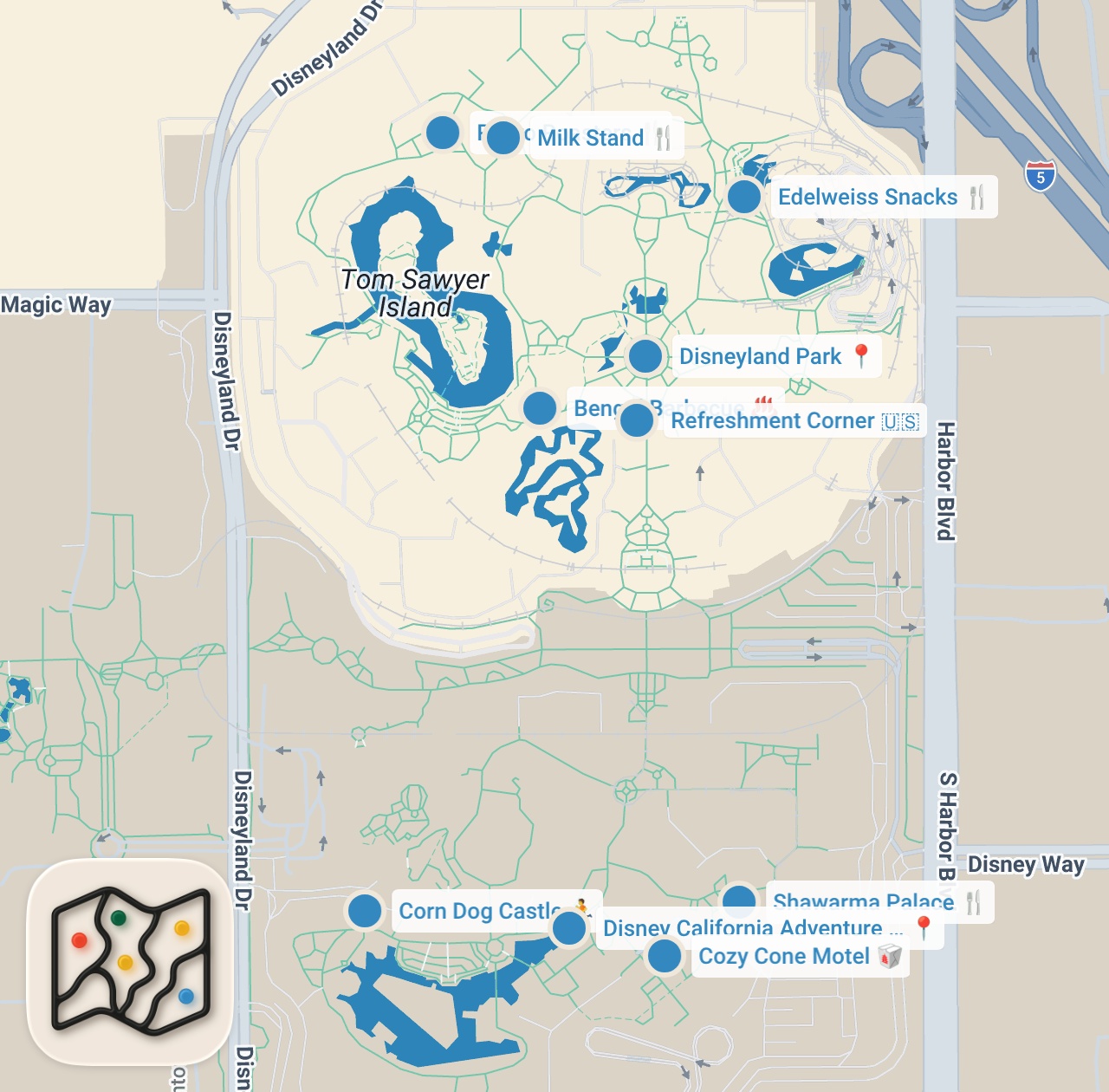 Map preview for Finding The Best Savory Snack At Disneyland Resort | Food Tours | Insider Food