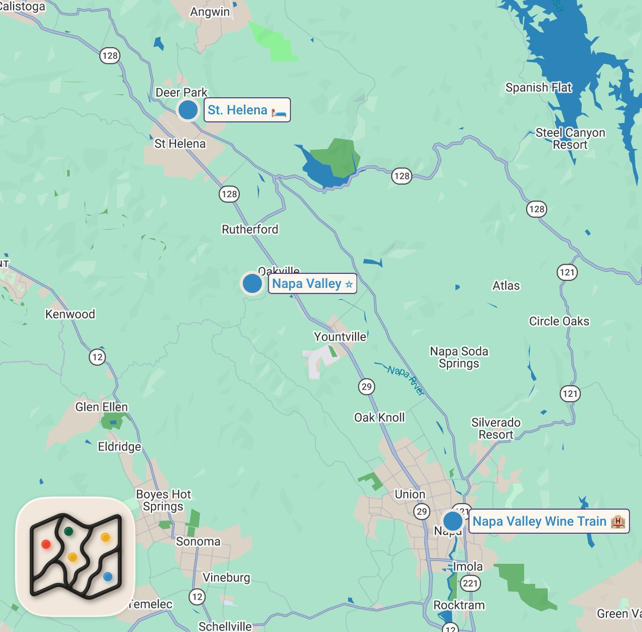 Map of 3 spots from $325 Train Food - LUXURY STEAK + CHEESE on the Napa Valley Wine Train!! 🚂 🍇