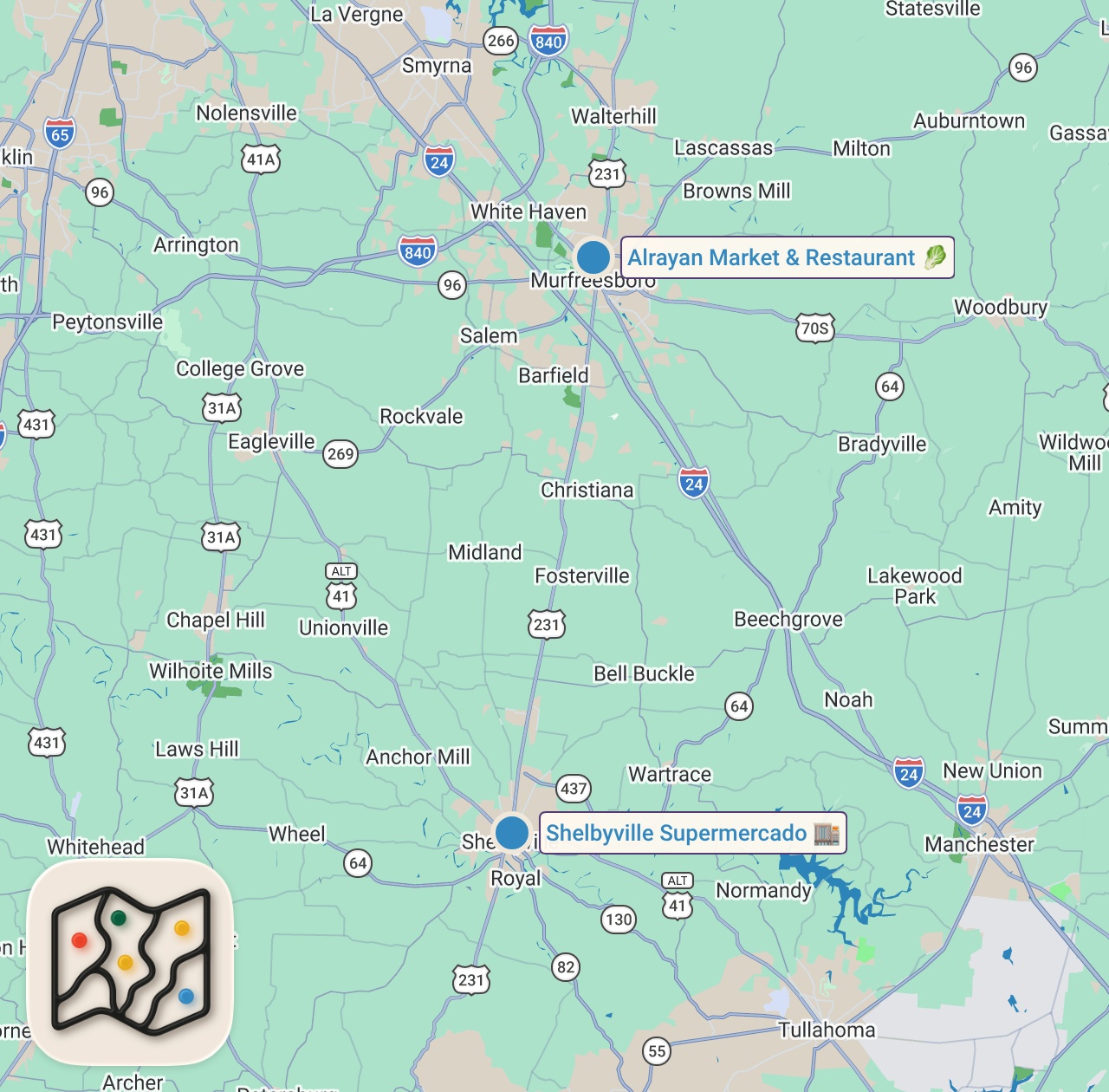Map of 2 spots from Eating at Random Super Markets For 24 Hours...