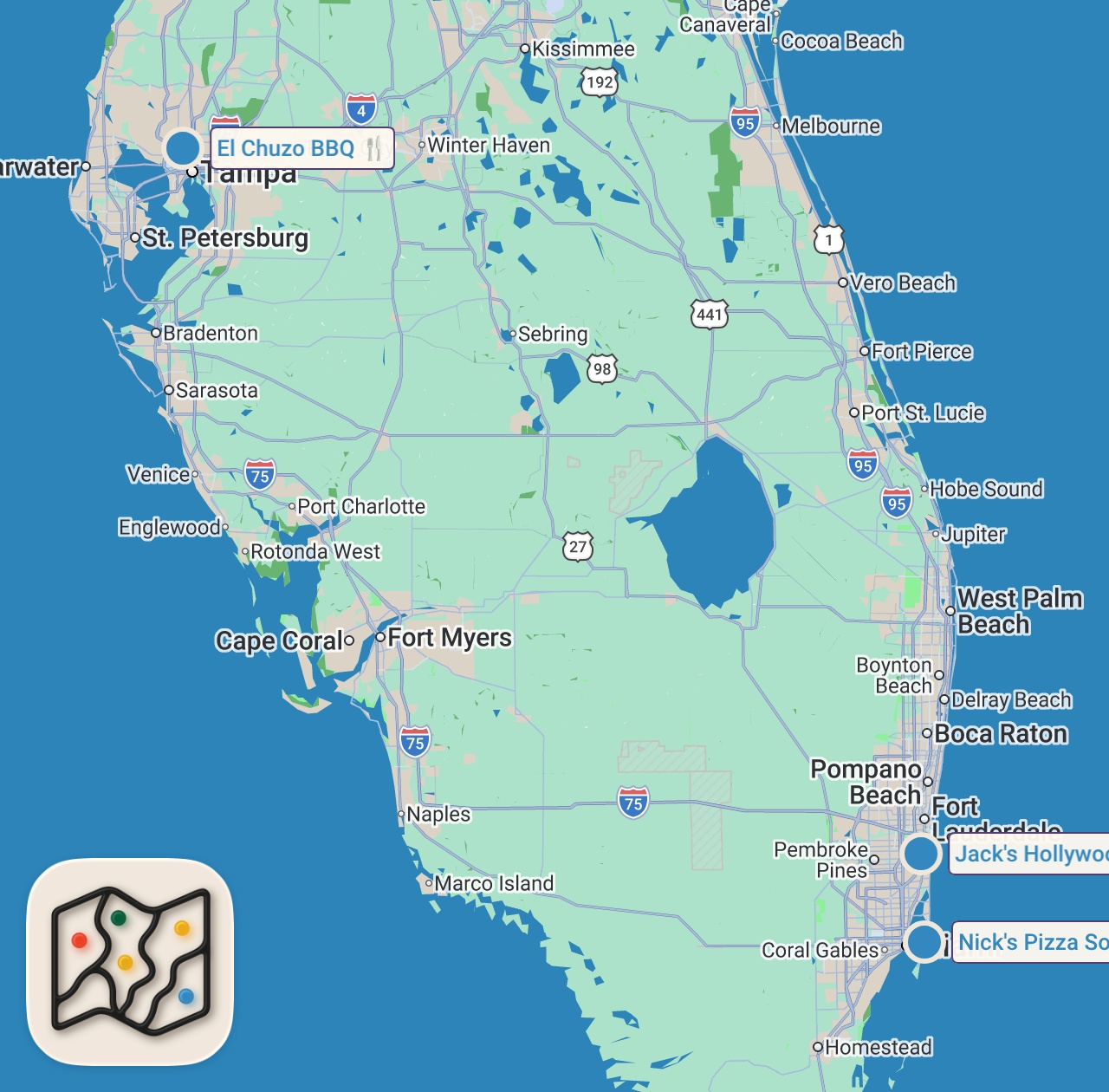 Map of 3 spots from Eating GIANT Food in Florida (BIGGEST IN USA)