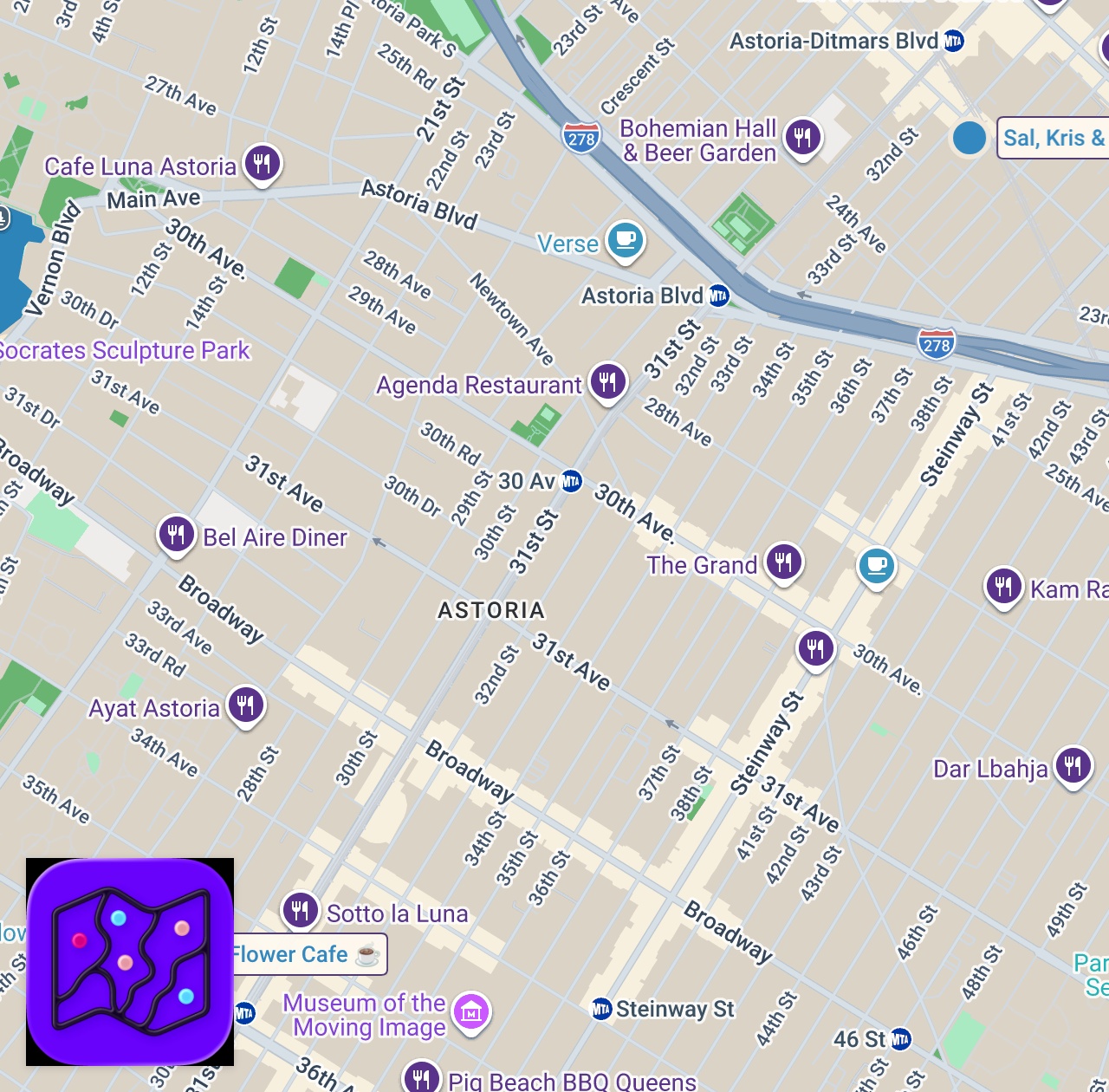 Map of 2 spots from 3 Must Eat Astoria Queens Restaurants