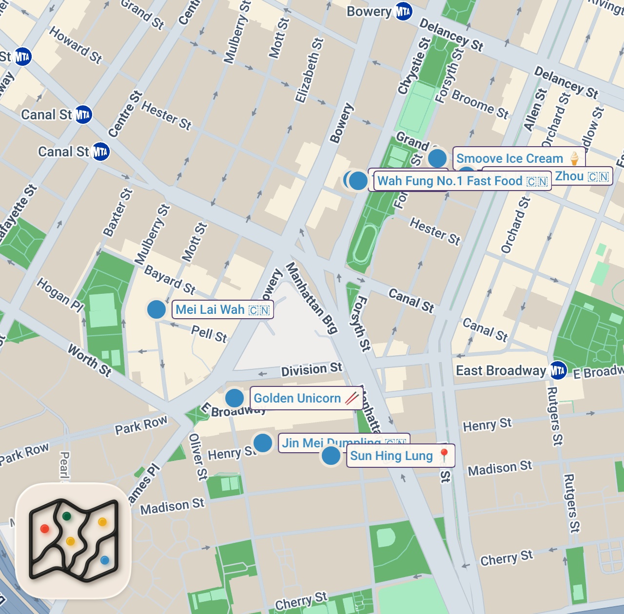 Map of 8 spots from $100 Chinatown New York City Street Food Challenge!