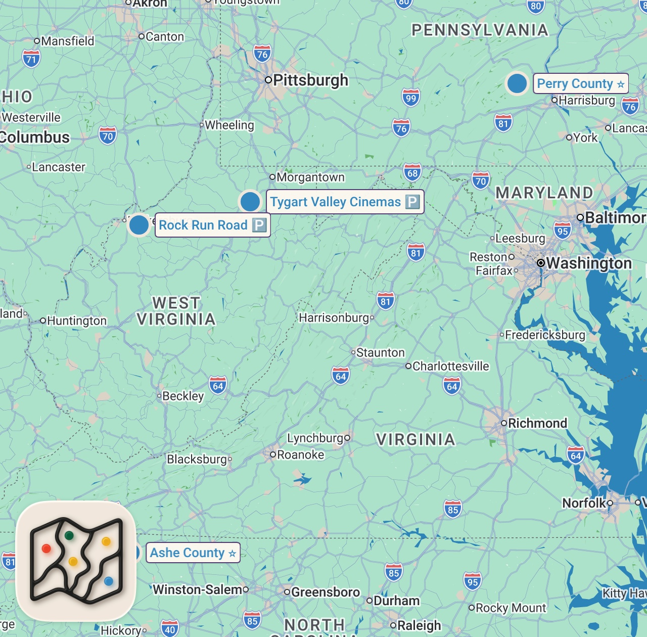 Map of 4 spots from Heart-Pounding Hunts | Mountain Monsters | Travel Channel