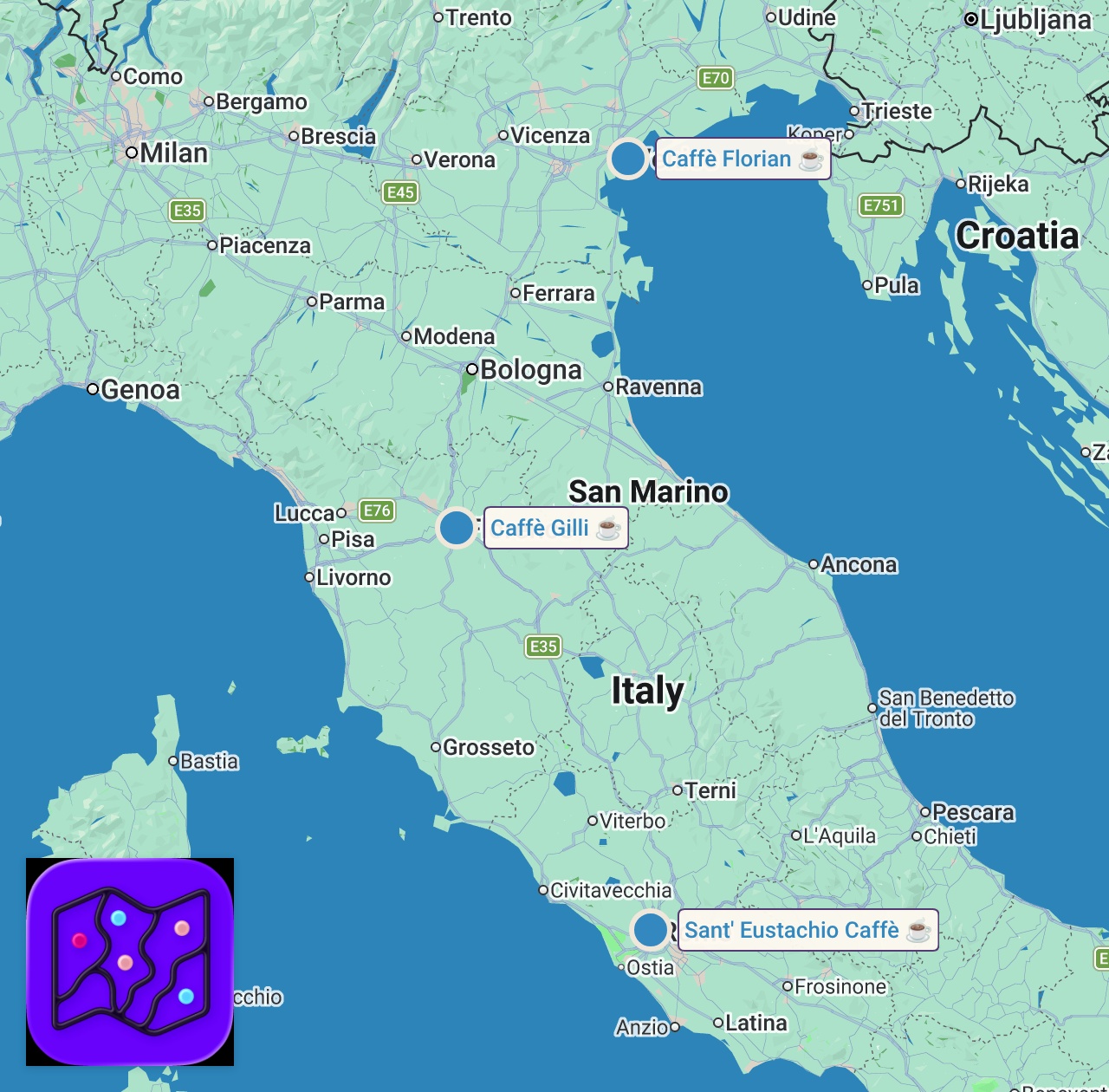 Map of 3 spots from Top cafes and bars in Italy