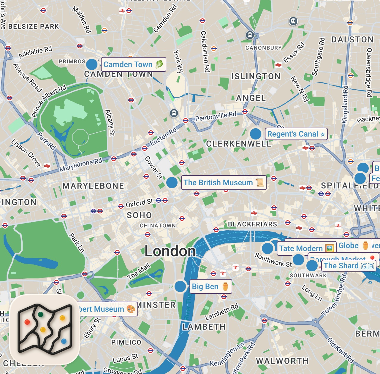Map of 12 spots from LONDON TRAVEL GUIDE