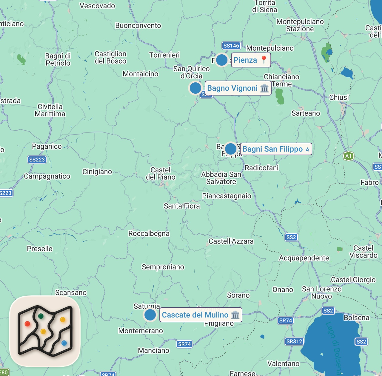 Map of 4 spots from Tuscany | Italy's Best Hot Springs and Renaissance Hill Towns