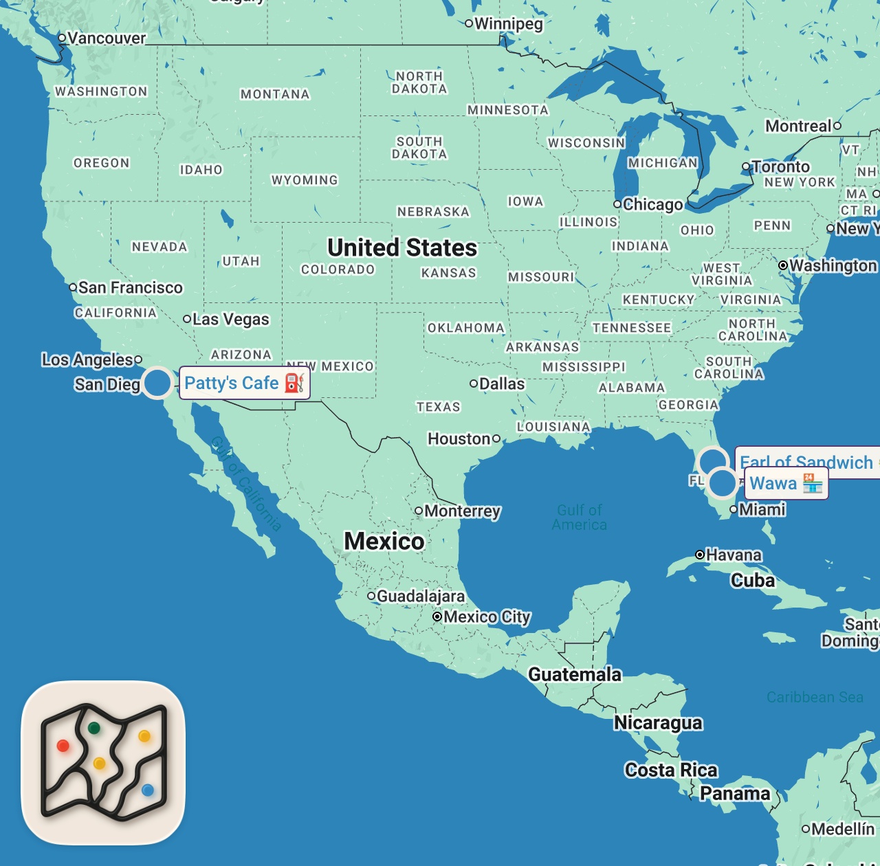 Map preview for Eating at Gas Stations For 24 Hours... (this can't be real)