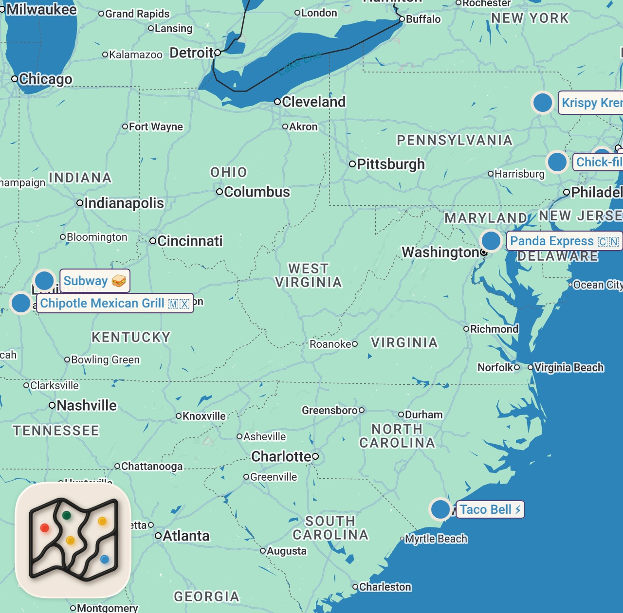 Map of 8 spots from I Try Weird Fast Food Combos *RAISING CANE’S EDITION*