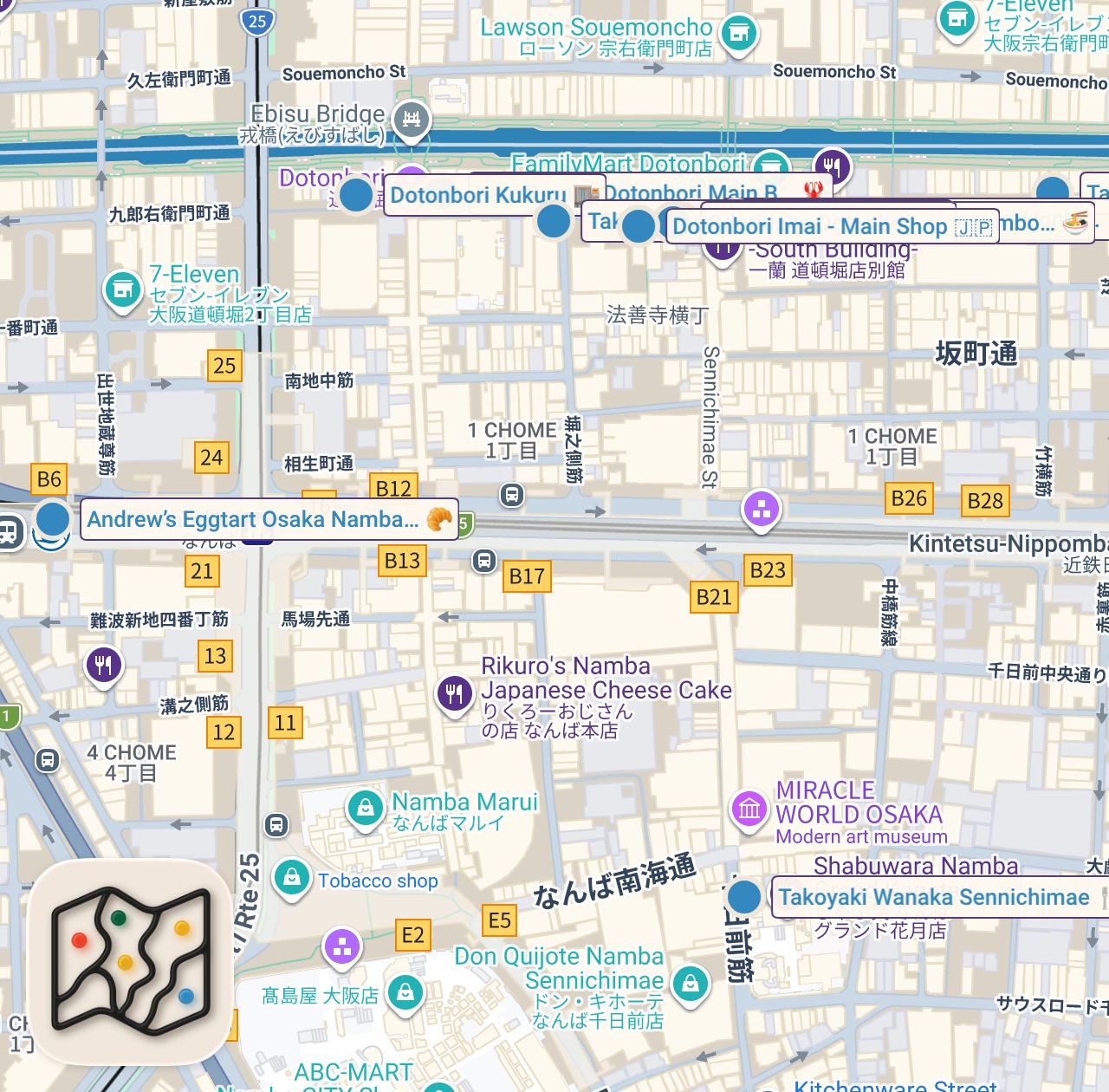 Map of 12 spots from 【大阪グルメ】観光に行く人必見！道頓堀の食べ歩きから名店まで、絶対に食べて欲しい名物グルメ12選を大紹介！大阪観光/たこ焼き/ミナミ/人気店