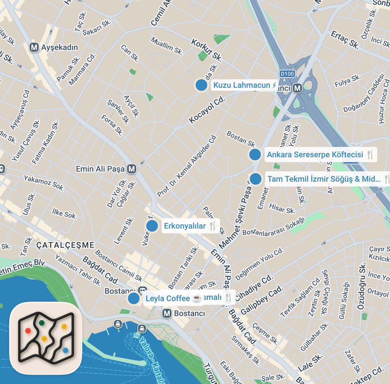 Map preview for BOSTANCI LEZZET REHBERİ (Adana kebabı, etli ekmek, söğüş, köfte, lahmacun) - Ayaküstü Lezzetler