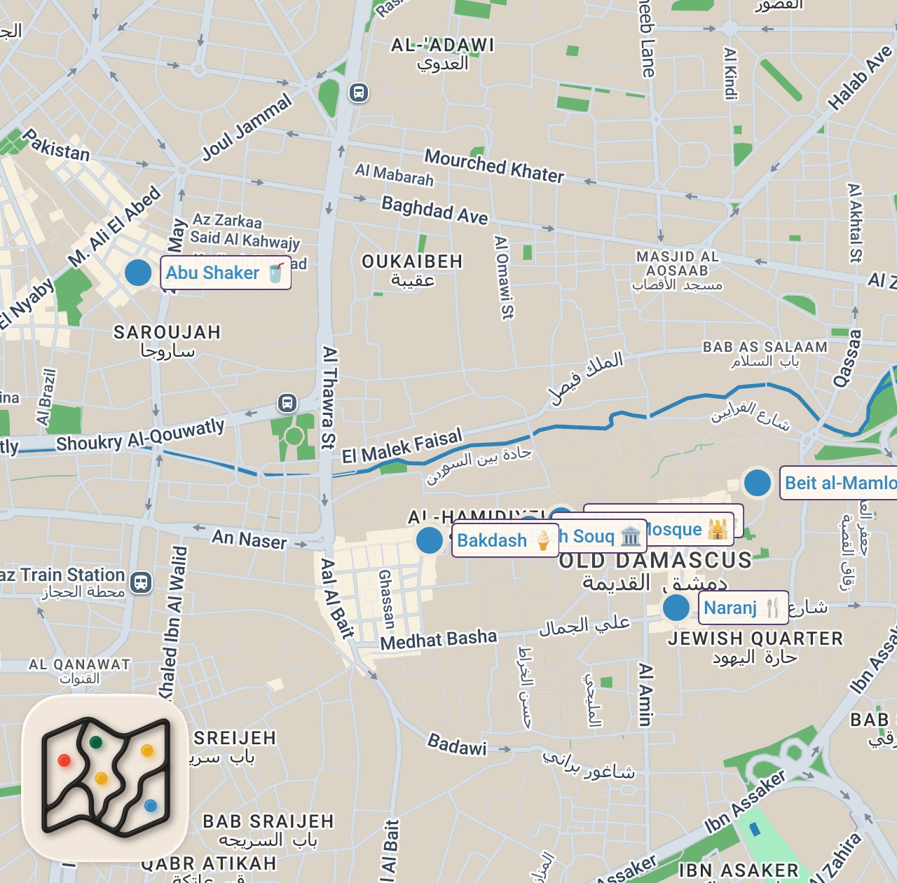 Map of 7 spots from Best Syrian Food!! GIANT MILKSHAKES + Food Tour in Damascus, Syria!!