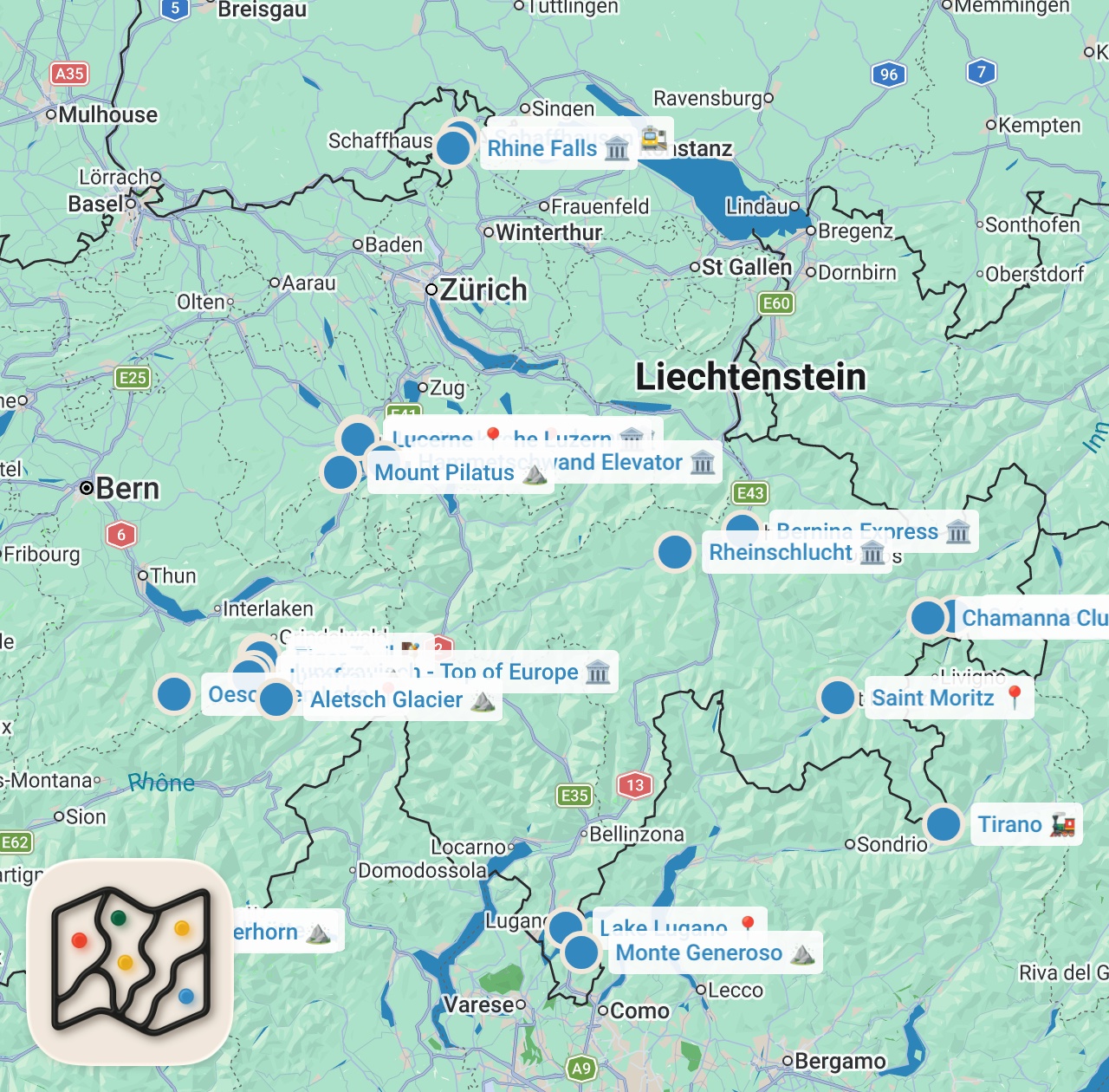 Map preview for Top 10 Ausflugsziele & Sehenswürdigkeiten der Schweiz