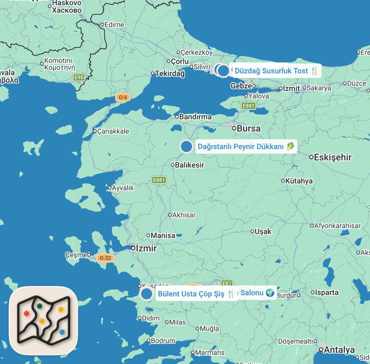 Map preview for İSTANBUL - BODRUM YOL ÜSTÜ LEZZET DURAKLARI (2021) - Ayaküstü Lezzetler