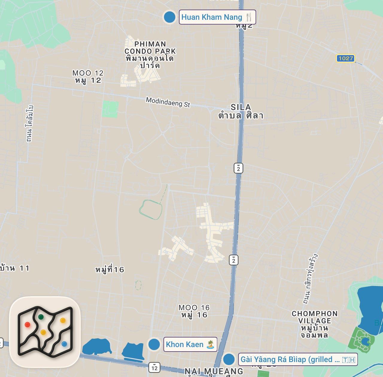 Map of 3 spots from 50 Chilies Papaya Salad!! SPICY THAI FOOD in Thailand! | Khon Kaen (ขอนแก่น)
