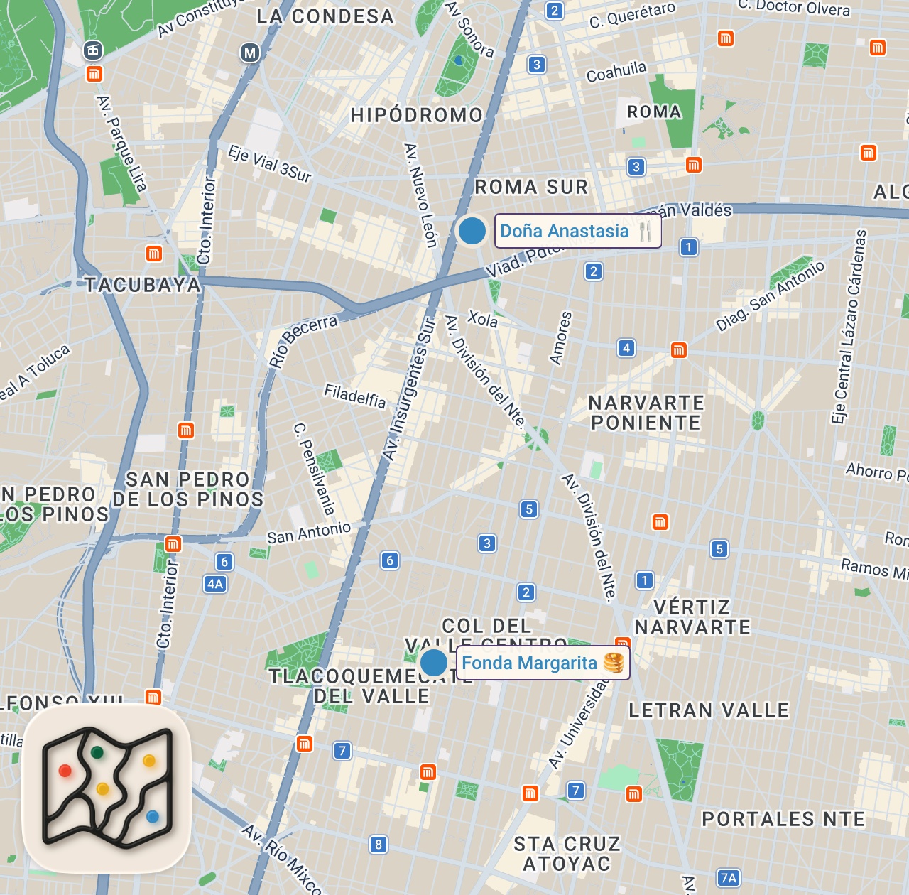 Map of 2 spots from The Best Eats in Mexico City | Anthony Bourdain: No Reservations | Travel Channel