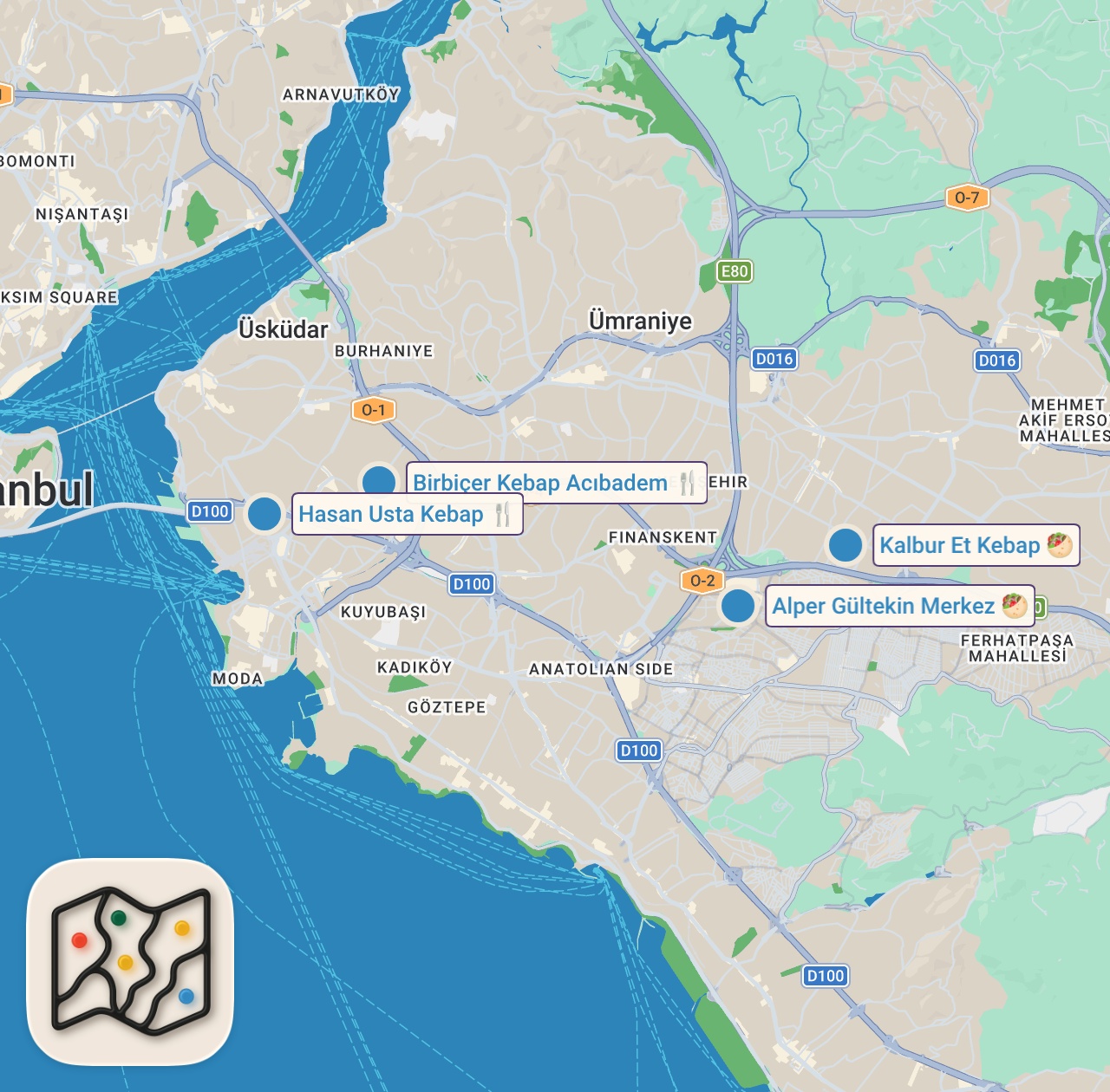 Map of 5 spots from Bir Günde 5 Adana Kebapçısı! Anadolu Yakası Lezzet Turu
