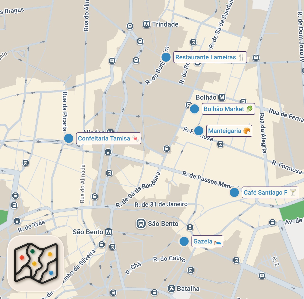 Map of 7 spots from 24H In PORTO - Ultimate Portuguese Food Tour - Best Porto Hot Dog & "Francesinha"!