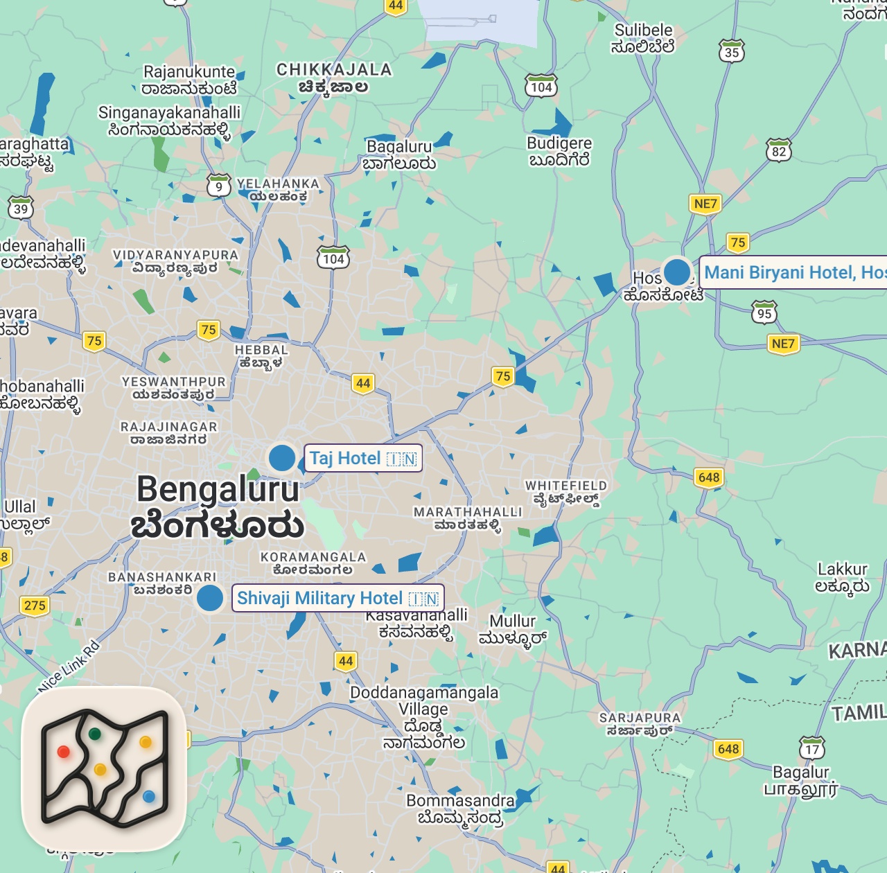 Map of 3 spots from 1,000 Kg. BIRYANI JACUZZI - Giant Indian Food!! 🇮🇳 Biryani Tour in Bengaluru, India!