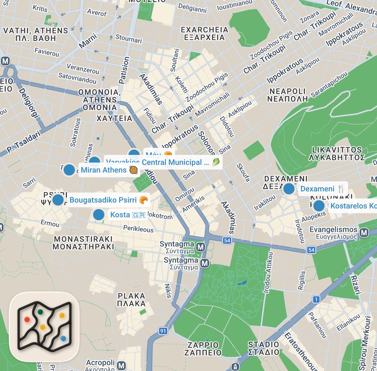 Map preview for Greek Food - STREET FOOD TOUR and Amazing Souvlaki in Athens, Greece!
