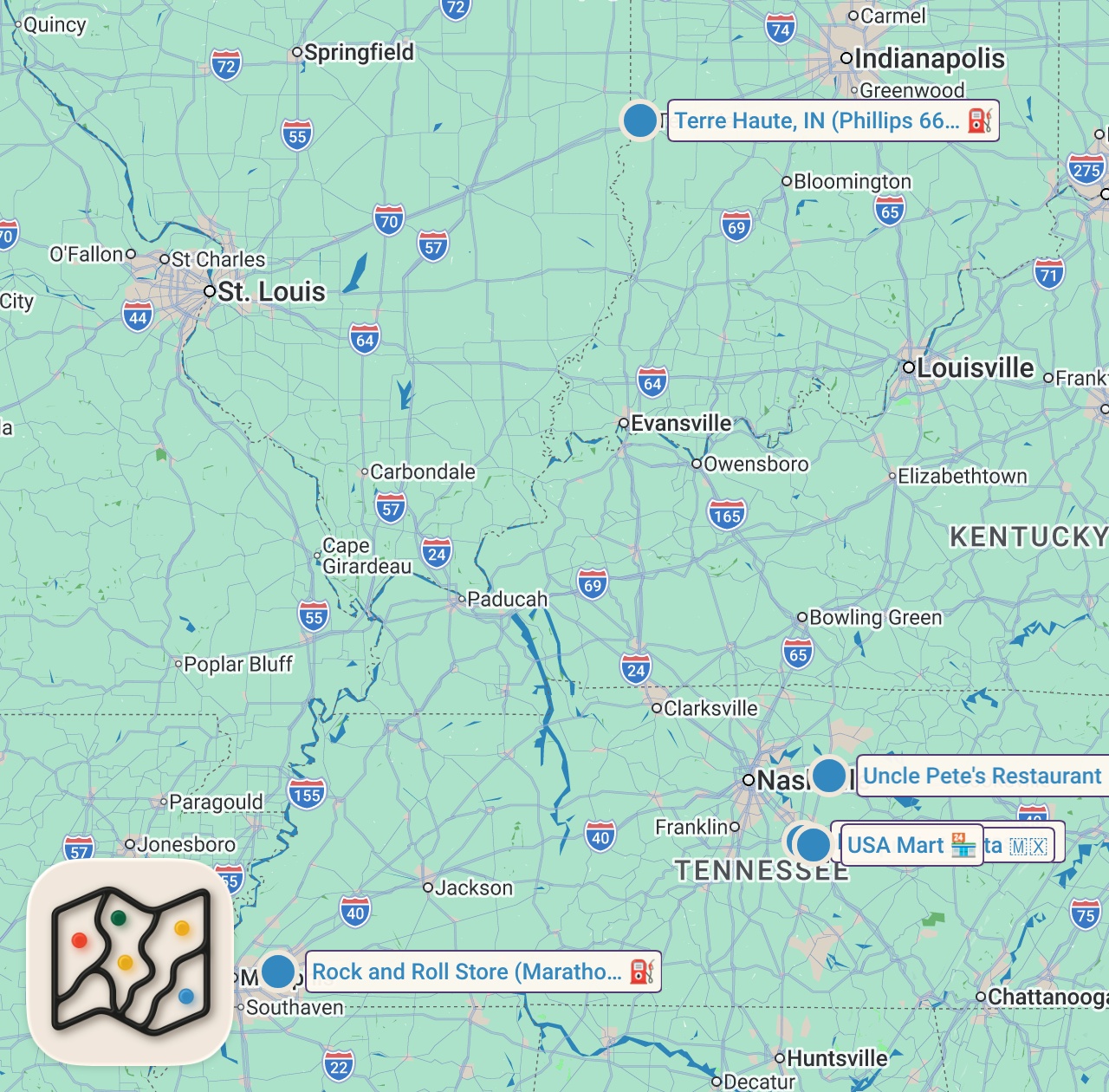 Map preview for Eating at GAS Stations For 24 Hours... (Nashville)
