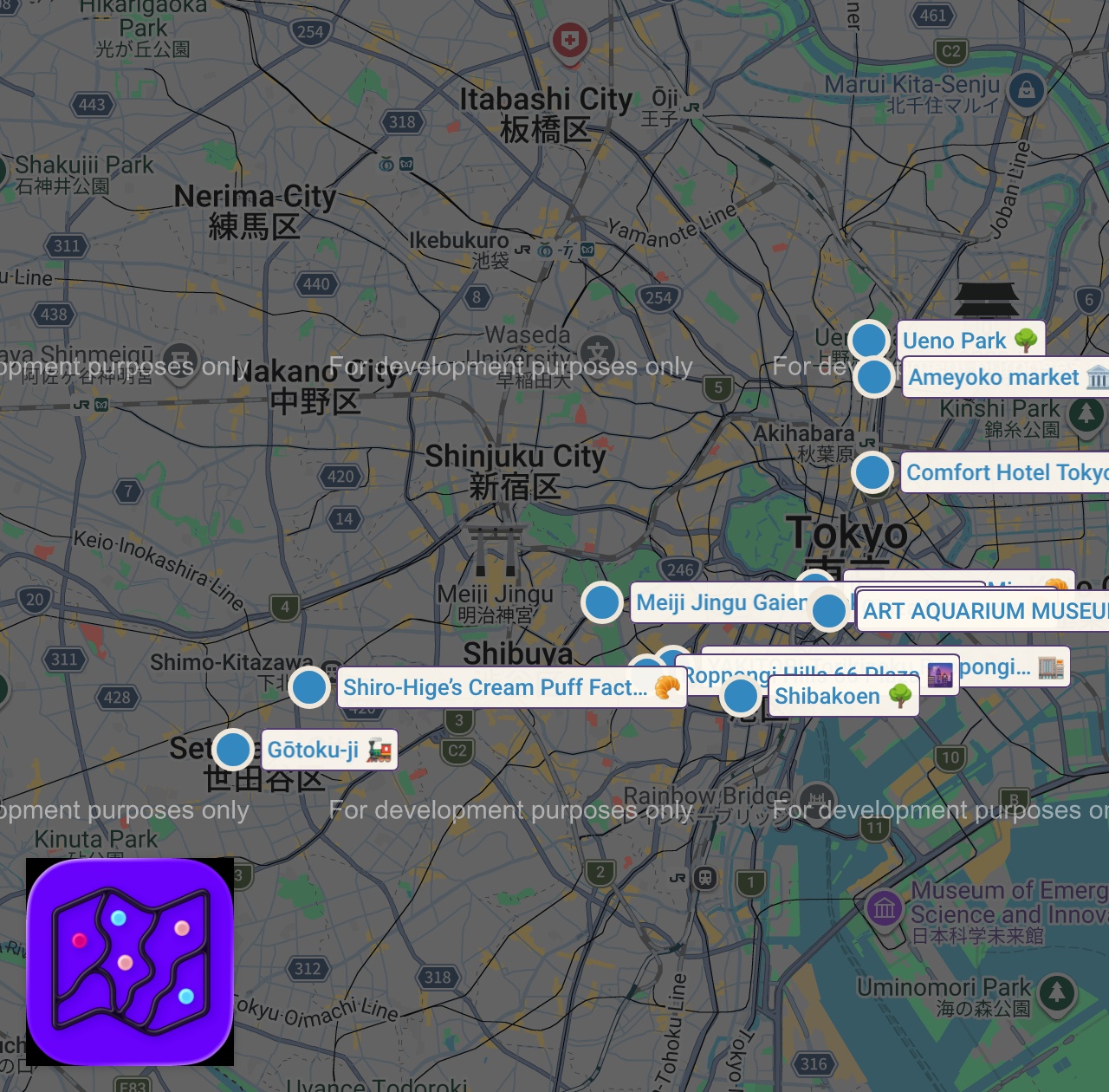 Map of 16 spots from 5 Days Introvert Solo Trip in Tokyo | Mt Fuji, Temple, Cafe, Museum, Autumn Leaves, Christmas Lights