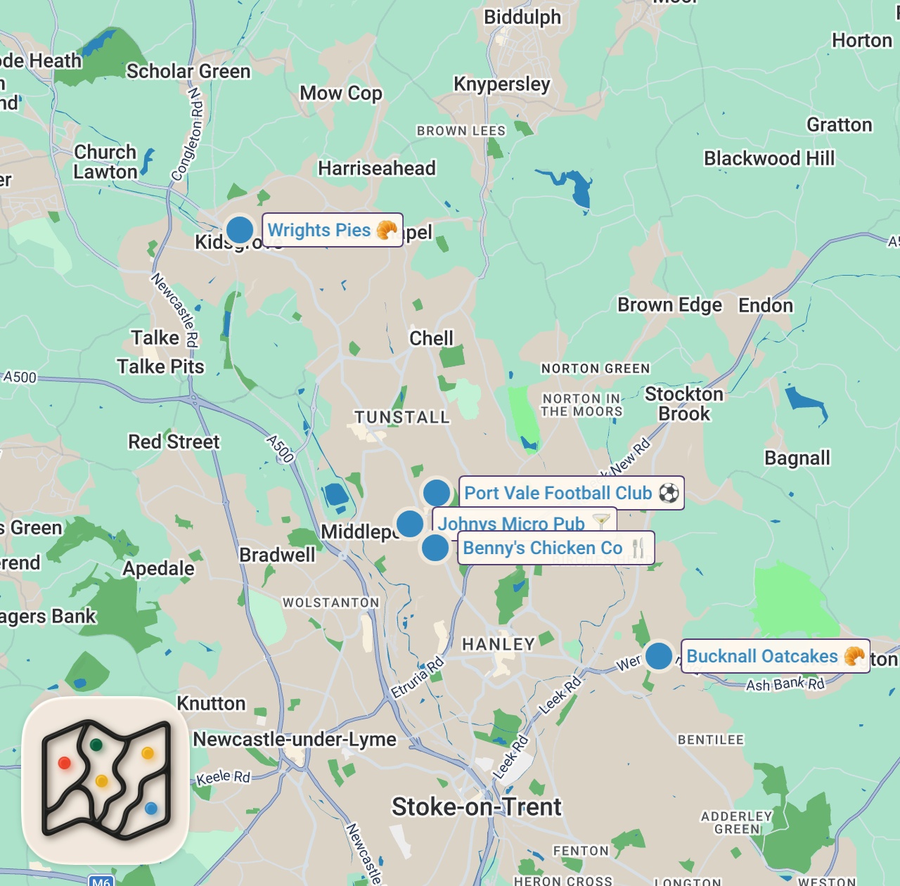 Map of 5 spots from TRYING STOKE'S MOST FAMOUS FOOTBALL FOOD