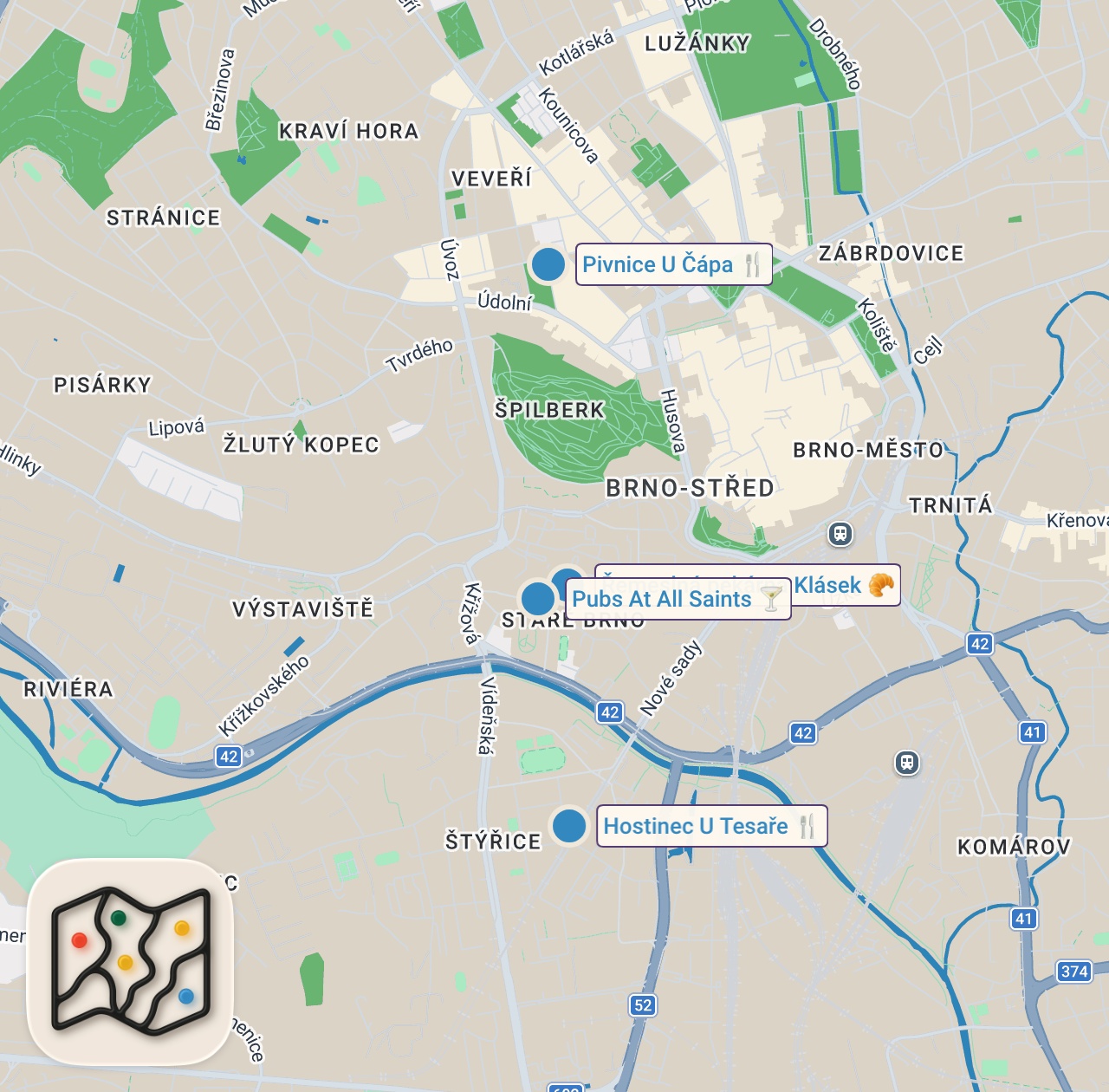 Map of 4 spots from 24H in Brno | BEER & FOOD Tour in Czechia
